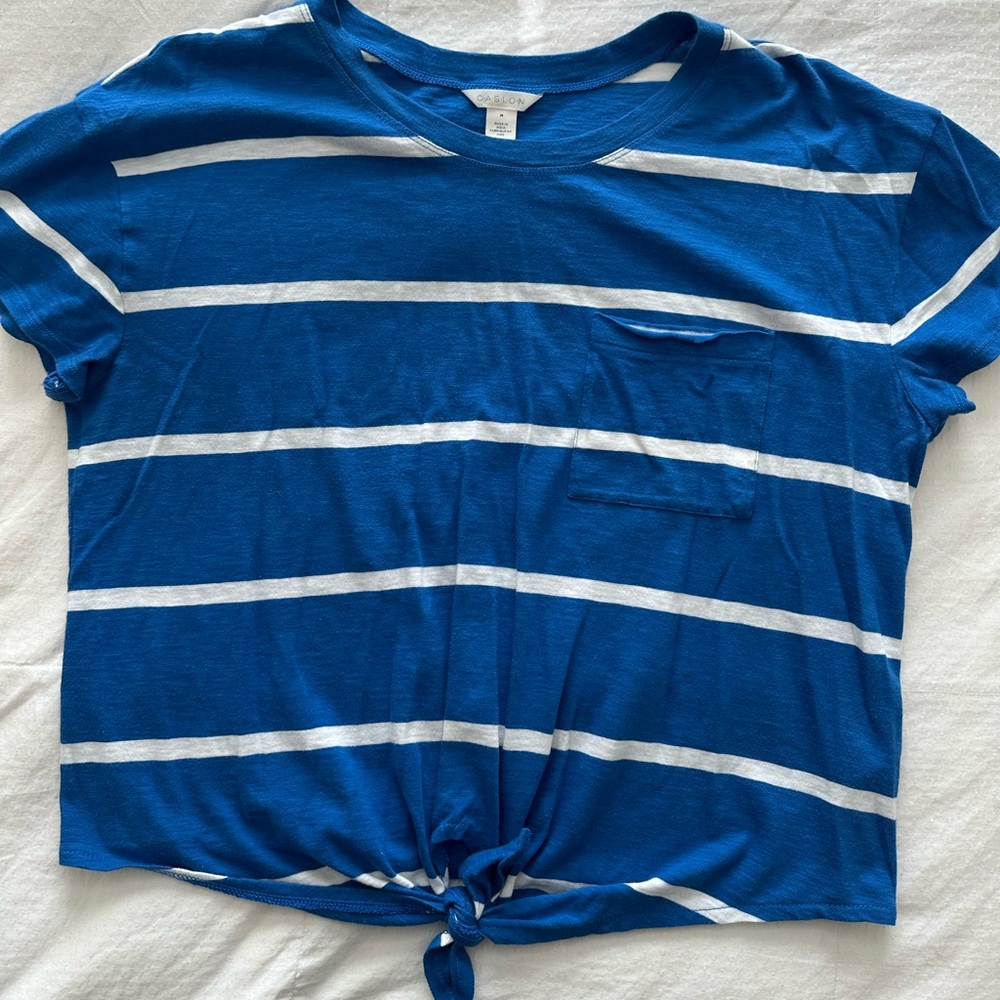 Cotton Short Sleeve Blue and White Striped Tie-Front T-Shirt